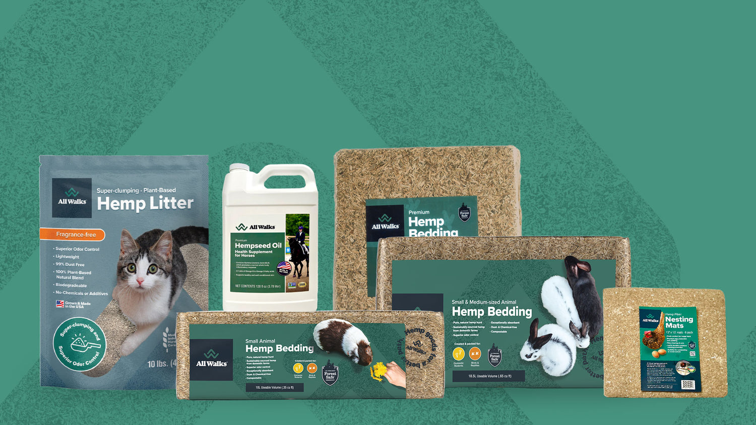 All Walks products: 10 lb. Hemp Litter, 128 fl oz. Hempseed Oil, 10L Hemp Bedding, 18.5L Hemp Bedding, 70L Hemp Bedding, Hemp Fiber Nesting Mat.