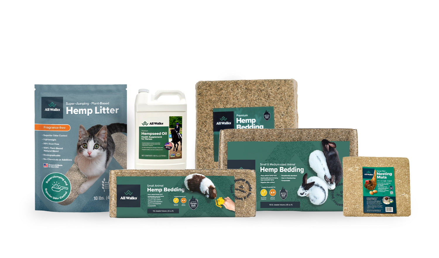 All Walks products: 10 lb. Hemp Litter, 128 fl oz. Hempseed Oil, 10L Hemp Bedding, 18.5L Hemp Bedding, 70L Hemp Bedding, Hemp Fiber Nesting Mat.
