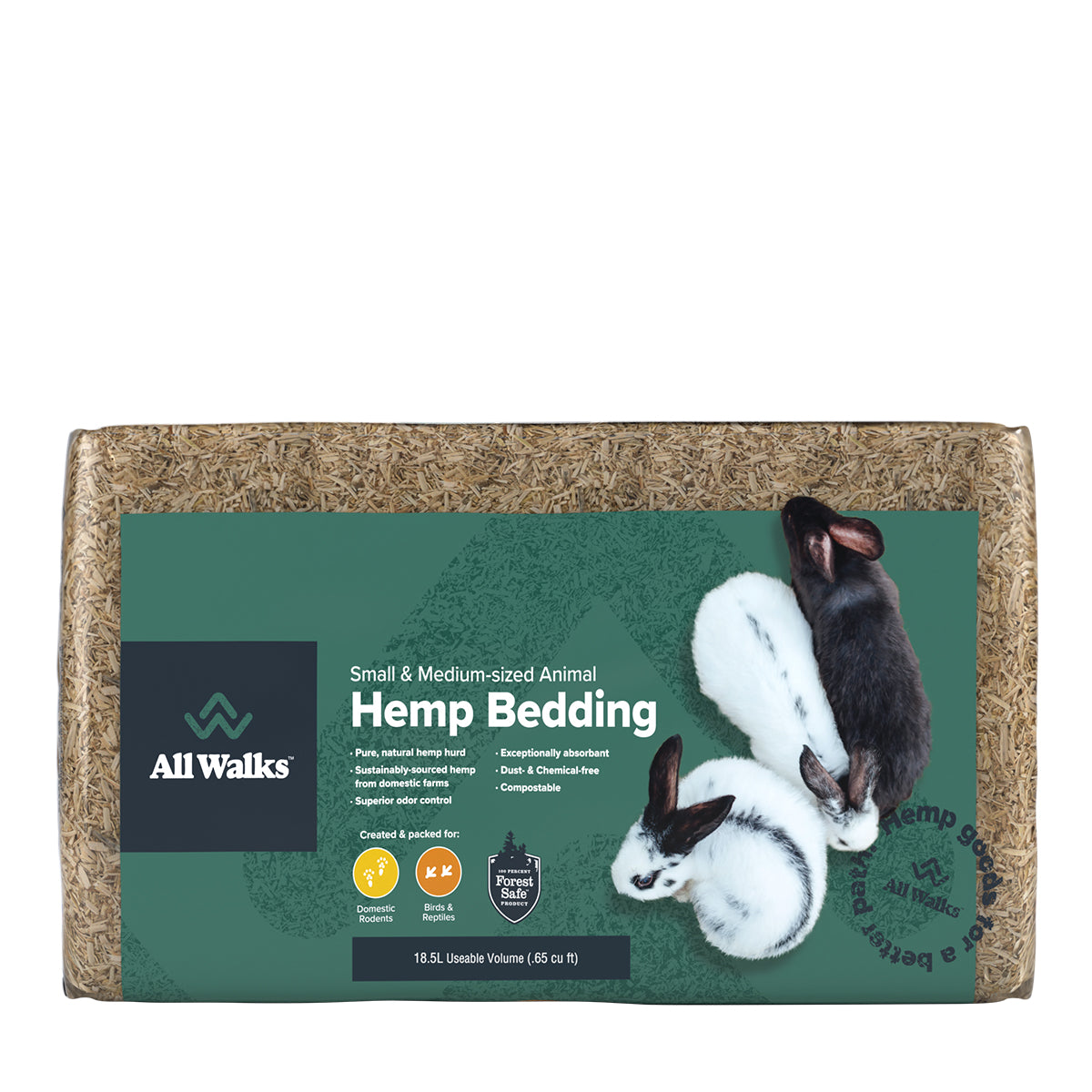 Packing of small and medium-sized animal hemp bedding.  Small rabbits are pictured on the packaging.