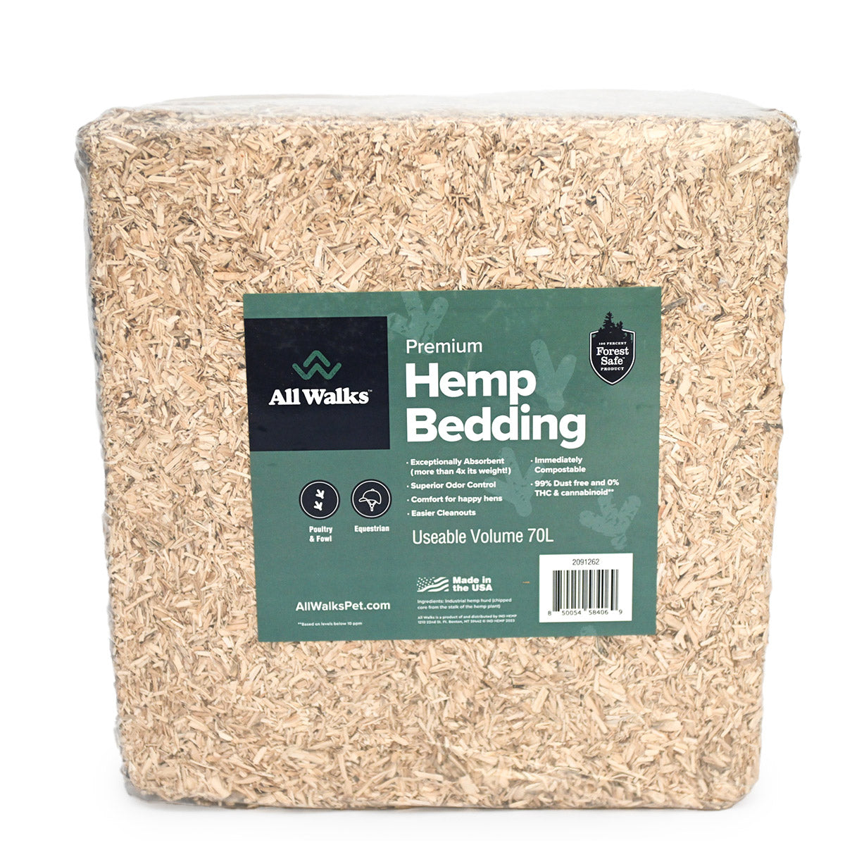 70L packaging for premium hemp bedding.  Hemp used primarily by horses, ponies, llama, alpaca, emu, chickens, geese, ducks, and turkey.