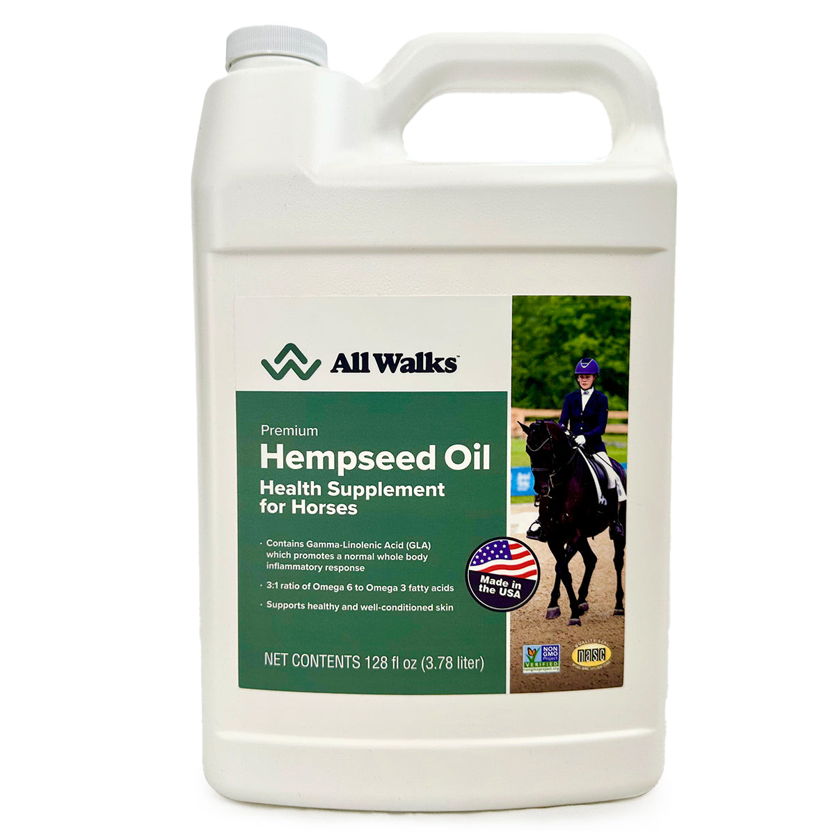 1 gallon container of premium hempseed oil.  The oil is used a health supplement for horses.  Products supports healthy and well-conditioned skin. 